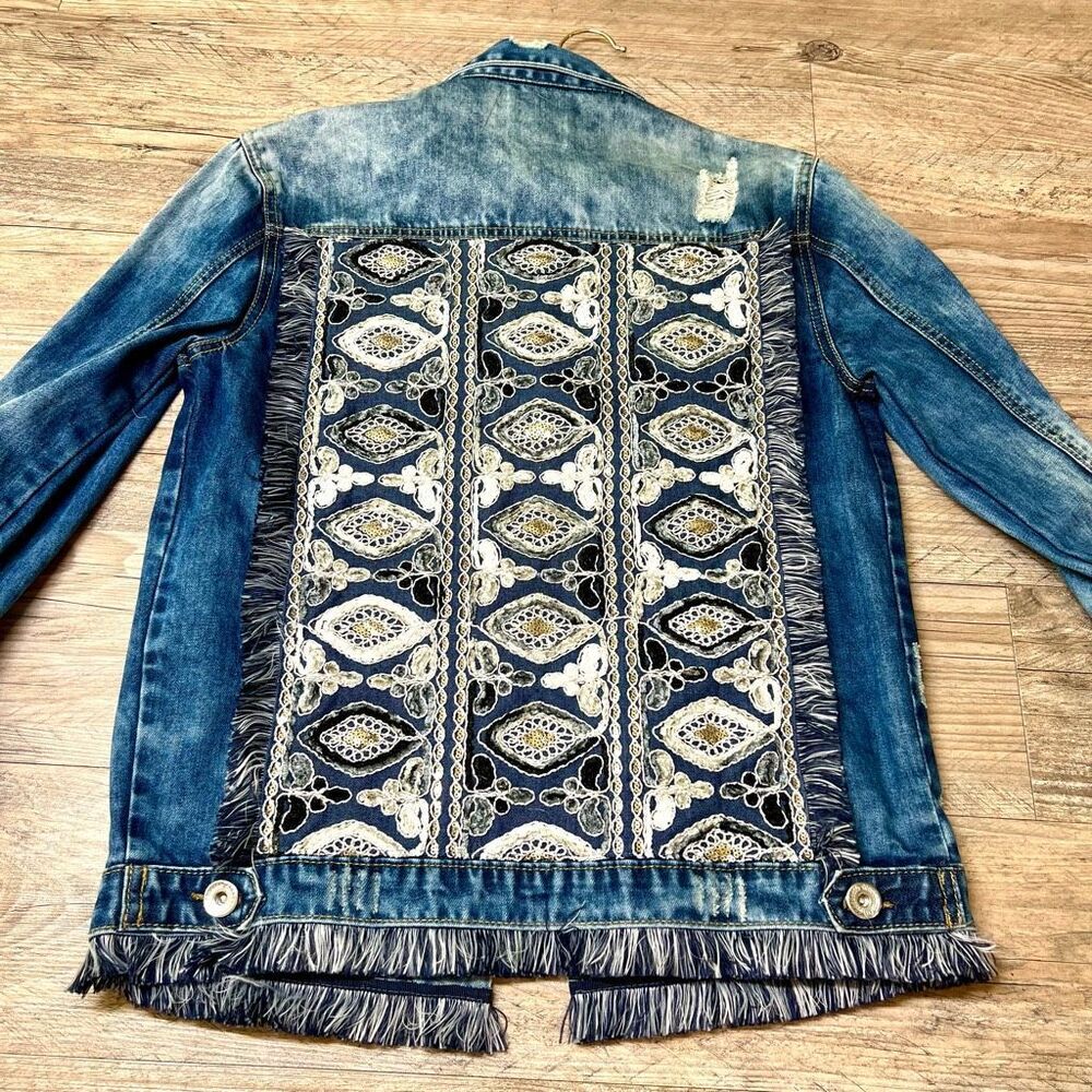 Jaase Womens Blue Embellished Distressed Fringe Boho Denim Jacket Size XS‎